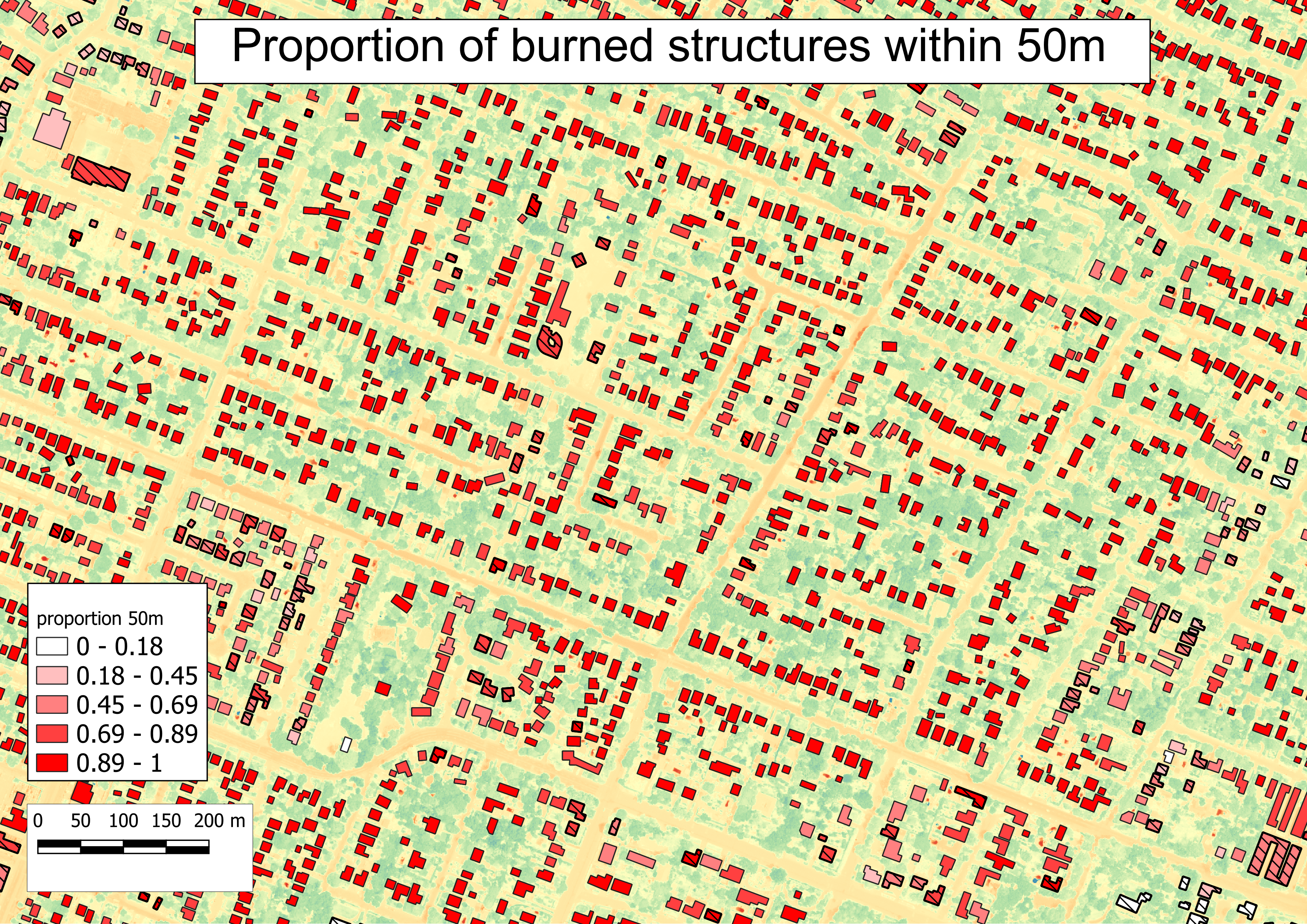 ratio of structures within 50m that burned map
